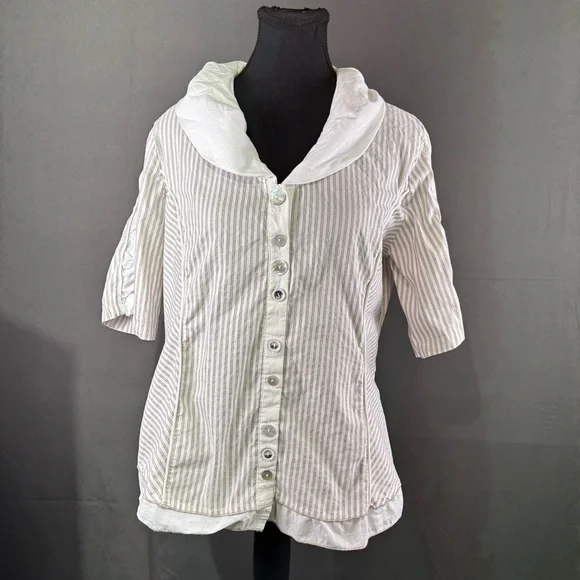 VTG Crisca Escada Blouse Women’s L Pinstripes Ruffle Buttons Academia White Gray - Picture 1 of 11